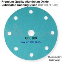 Box of 100 Velcro Backed 150mm Diameter 180 Grit Lubricated 9 Hole Sanding Discs