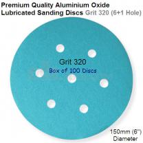 Box of 100 Velcro Backed 150mm Diameter 320 Grit Lubricated 6+1 Hole Sanding Discs